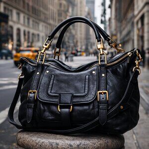 ✨ BOTKIER Black Leather Satchel — Brass Hardware, Buckle Detail, Key Leash